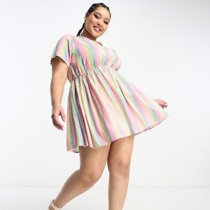 ASOS Daisy Street Plus Linen Mini Smock Dress in Rainbow Stripe - Size 8XL (28)